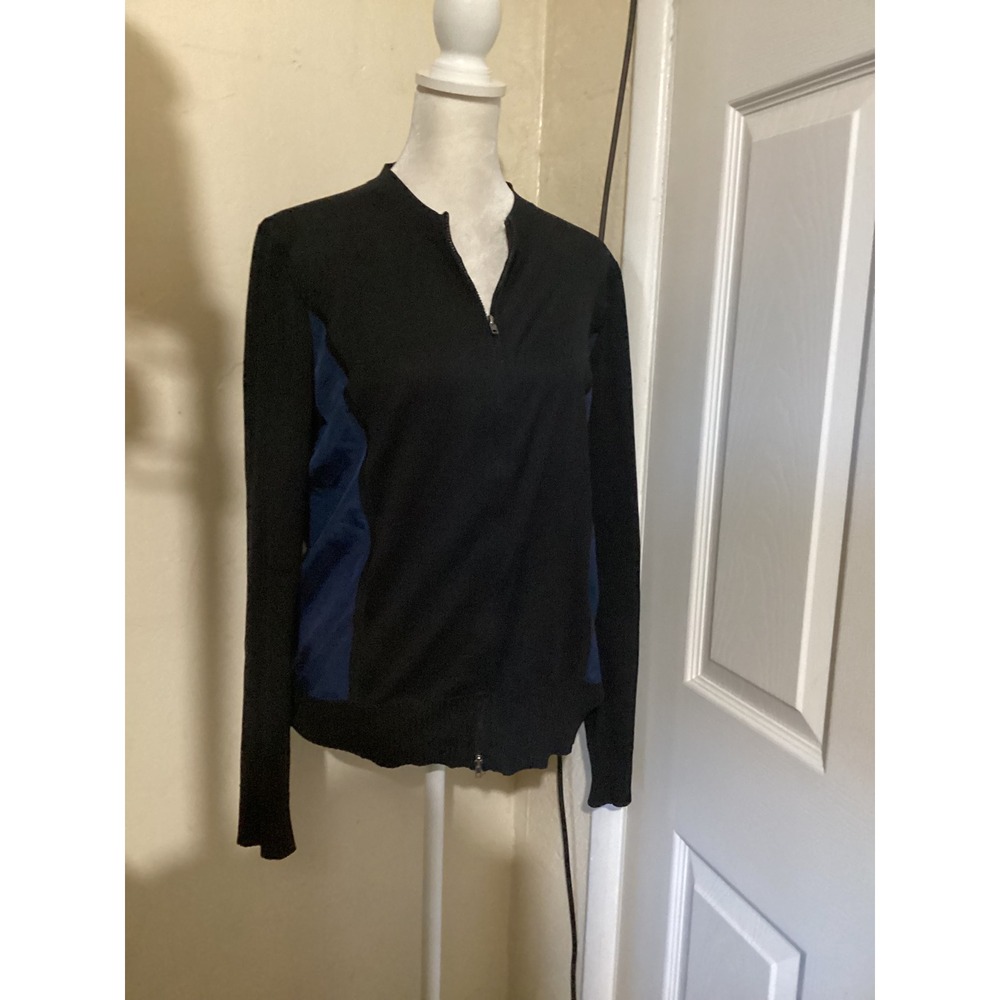 Barneys New York CO-OP Womens Silk Cotton Zip Front Cardigan Black Navy Blue M